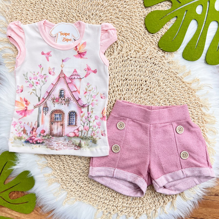 Conj. Blusa Casinha Encantada e Short em Linho - Rose